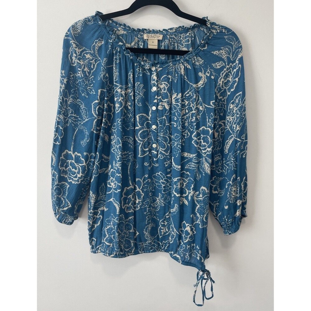 Lucky Brand Top Womens Medium Blue Peasant Blouse Boho 3/4 Sleeve Casual
